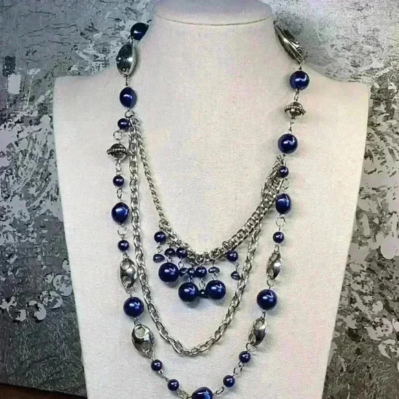 Silver and Blue Multi Strand Necklace with Ribbon Tie - Picture 1 of 3